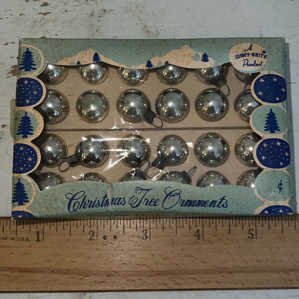 Vintage Miniature Shiny Brite Ornaments feather trees silver 15mm